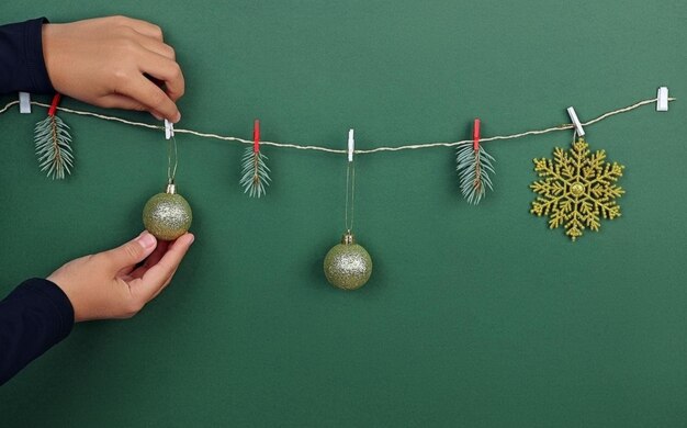 Photo children's hands decorate with christmas toys