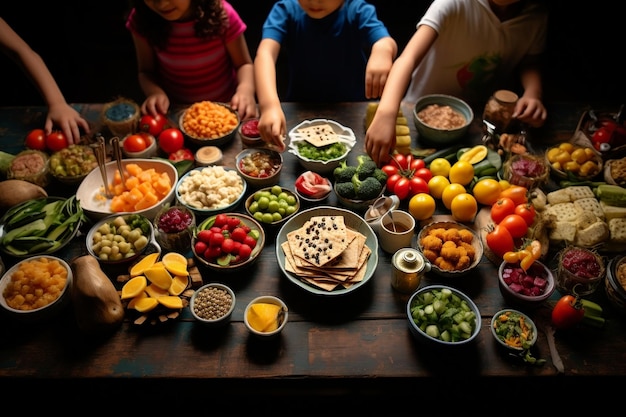 Children's hands on a table full of food Generative Ai