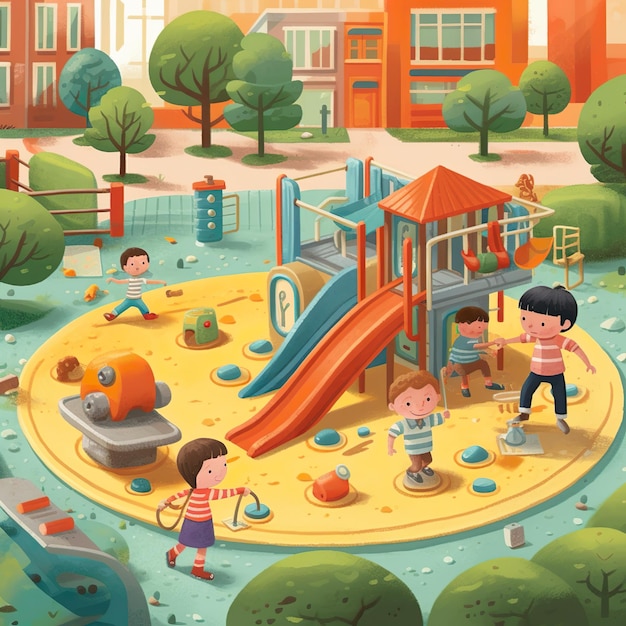 A children's illustration of a playground with a slide and a boy playing on it