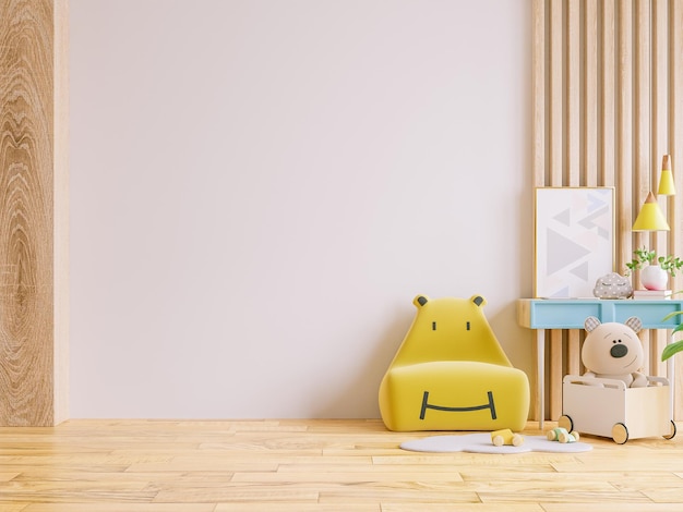 Children's living room There is a yellow armchair and a white wall.3D rendering