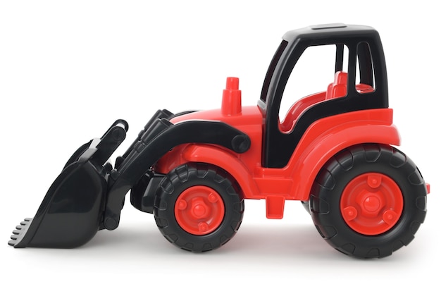 Children's plastic toy, Red-black bulldozer isolated on white