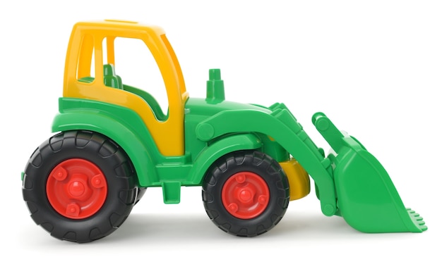 Children's plastic toy, yellow-green bulldozer isolated on white