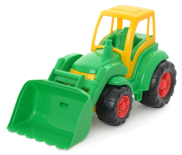 Children's plastic toy, yellow-green bulldozer isolated on white