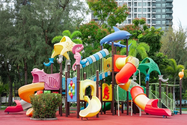 Children's playground in the public park in front of condominium