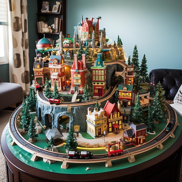 children's playroom with a toy train circling a Christmas village