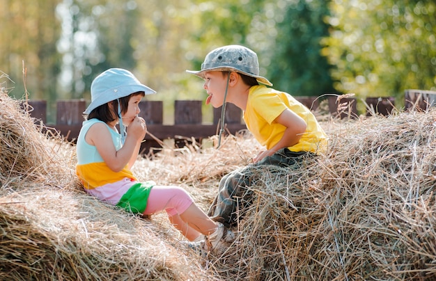 Children's relationships. Children girl and boy playing in the hay in the village during the summer holidays