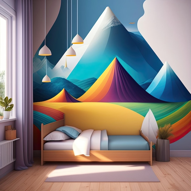 A children's room with colorful mountain paint on the wall