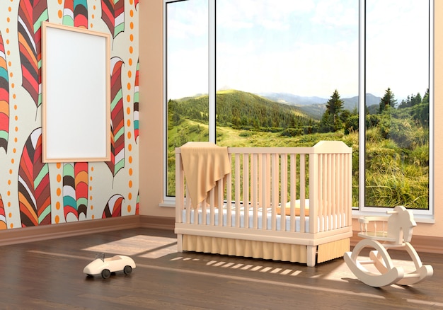 Children's room with a cot and an empty frame