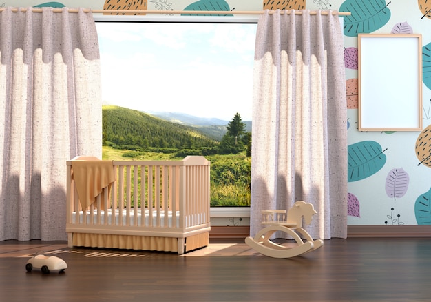 Children's room with a cot and an empty frame