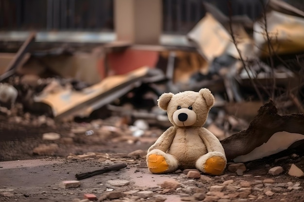 Children's toy teddy bear on the ruins of a house after an earthquake or war Generative AI 2