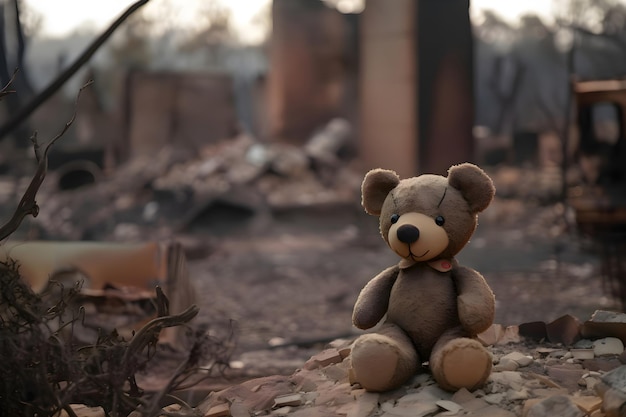 Children's toy teddy bear on the ruins of a house after an earthquake or war Generative AI 3