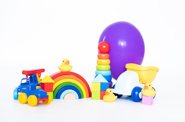 Children's toy wooden and colourfull and balloon toy shop isolated on white background Educational toys