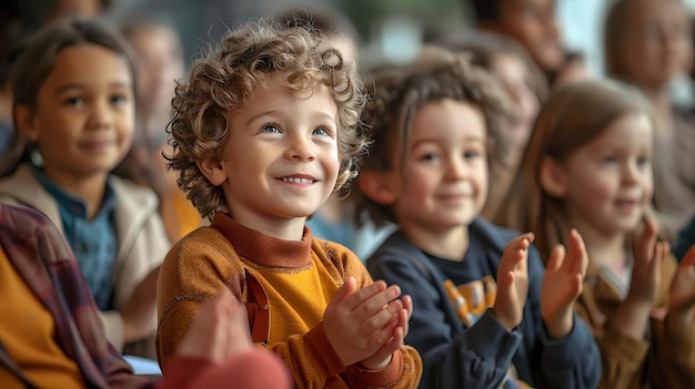 Children at a school assembly listening to a speaker and clapping with ample copy space