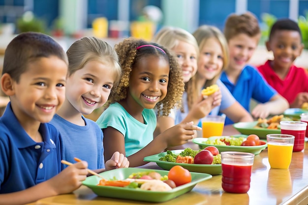 Children in a school cafeteria enjoying a healthy lunch