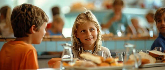 Photo children in school canteen sitting at a table with bread and glasses