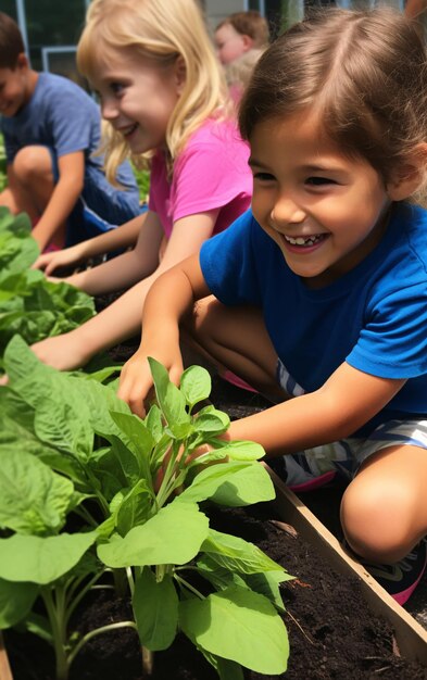 Children in the school garden doing gardening back to school concept