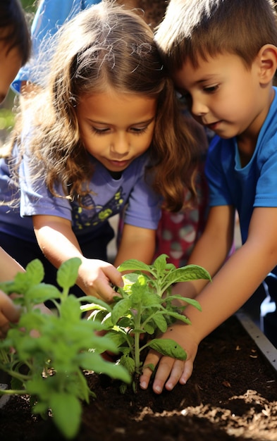 Children in the school garden doing gardening back to school concept