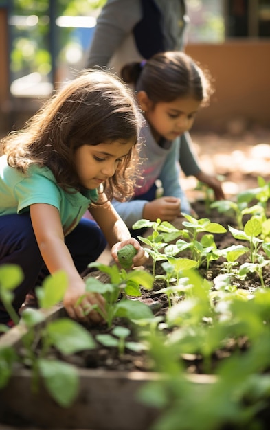 Children in the school garden doing gardening back to school concept