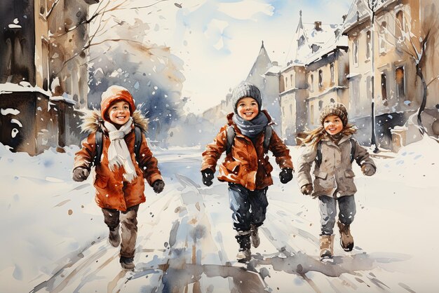 children schoolchildren friends on vacation play and run outside in the snow in winter Christmas Greeting Card