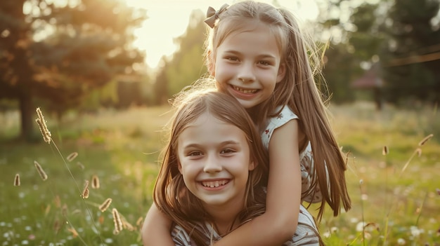 Children a sister giving a piggyback ride to her brother outdoors being playful and happy