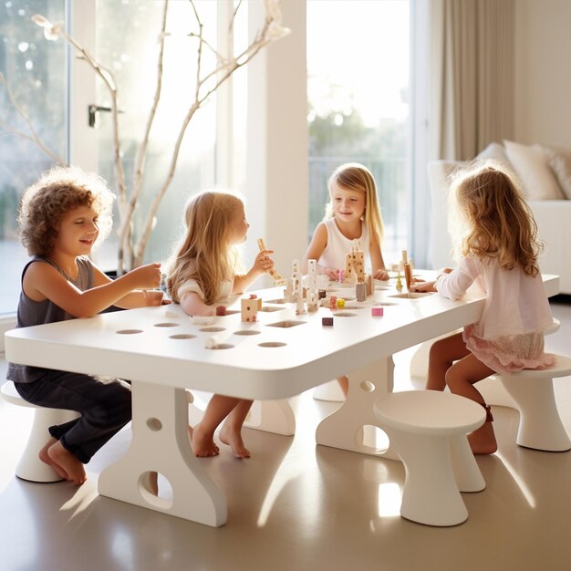 Photo children sit at a table with a picture of a child in a room with a large window behind them.