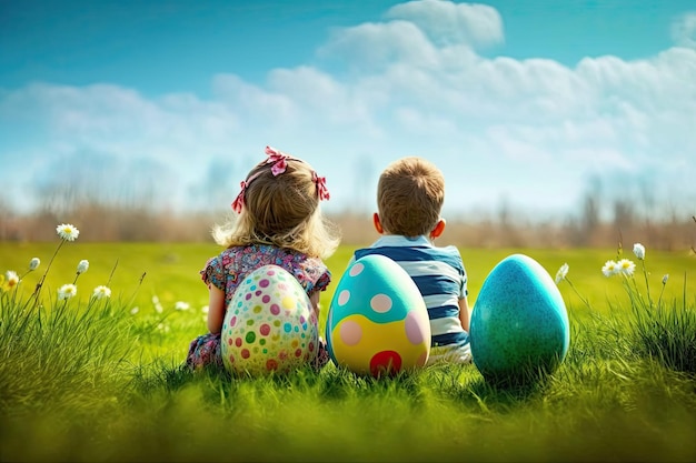 Children sitting in the meadow near big easter eggs Generative AI