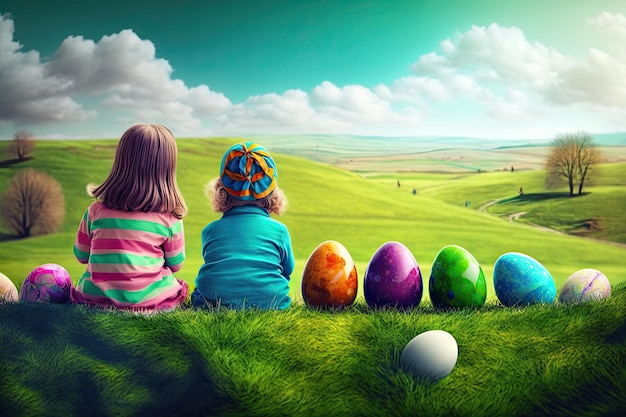 Children sitting in the meadow near big easter eggs Generative AI