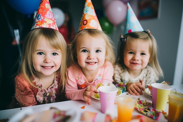 Photo children sitting at table on party