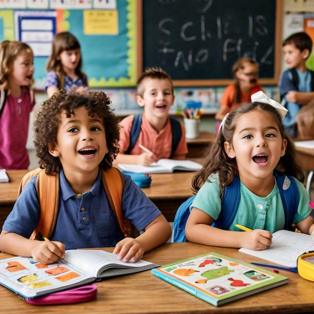 children sitting at a table with books and a chalkboard behind them