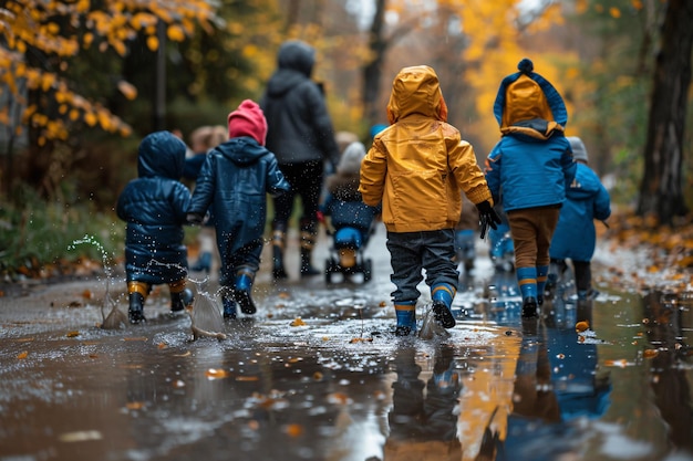 Photo children splashing in puddles during autumn walk in a colorful park on a rainy day