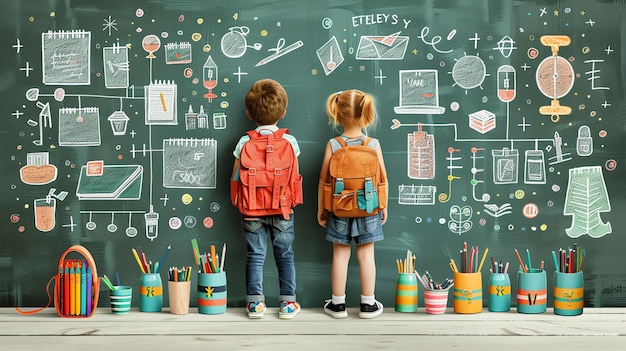 Children stand in front of a chalkboard with drawings of school supplies