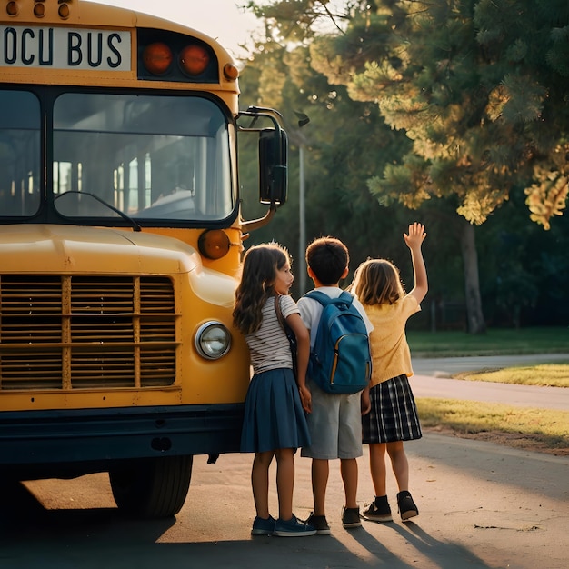 children standing in front of a school bus with the word school on the front