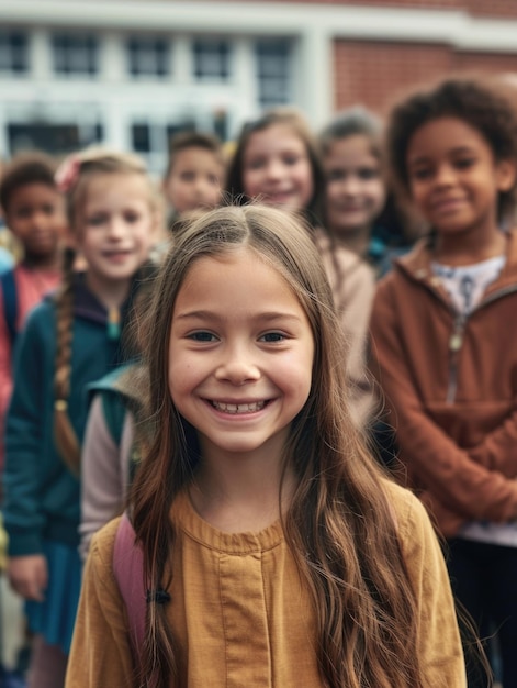 Children standing in a row smiling and looking up