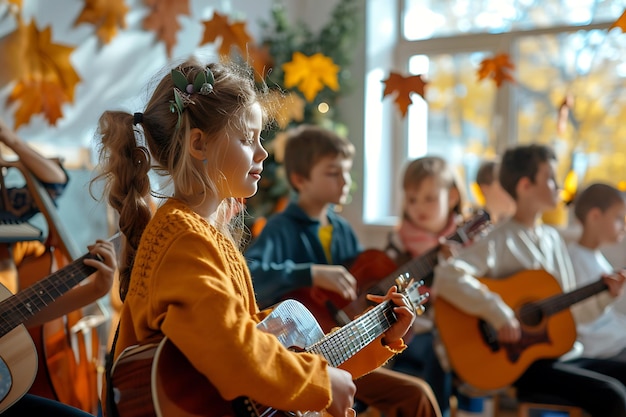 Photo children strumming guitars during a music lesson in a classroom