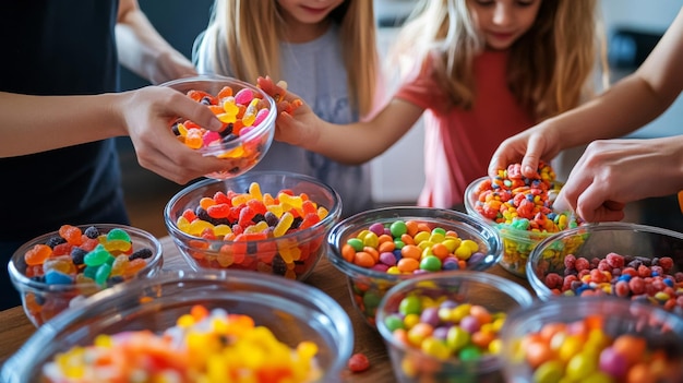 Photo children surrounded by colorful bowls of candy