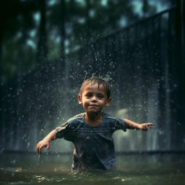 A children surviving in heavy rain