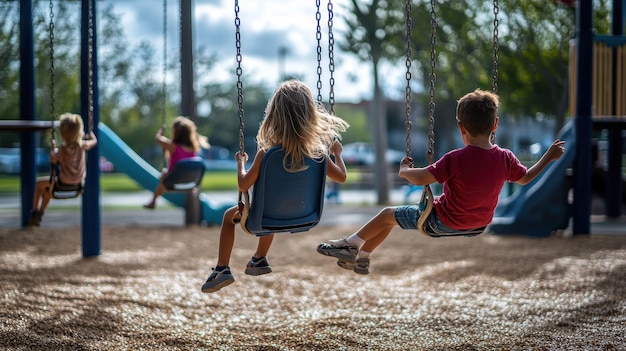 Photo children swinging on playground swings