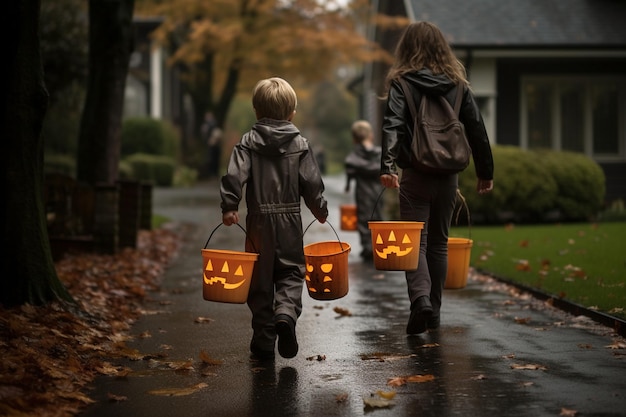 Children Trick Or Treating with JackOLantern Candy Buckets on Halloween