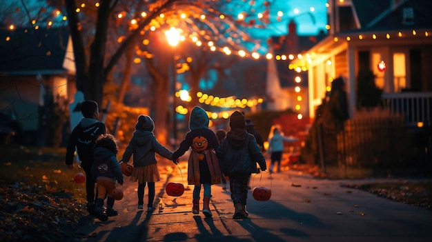 Photo children trickortreating at night with halloween decorations and lights