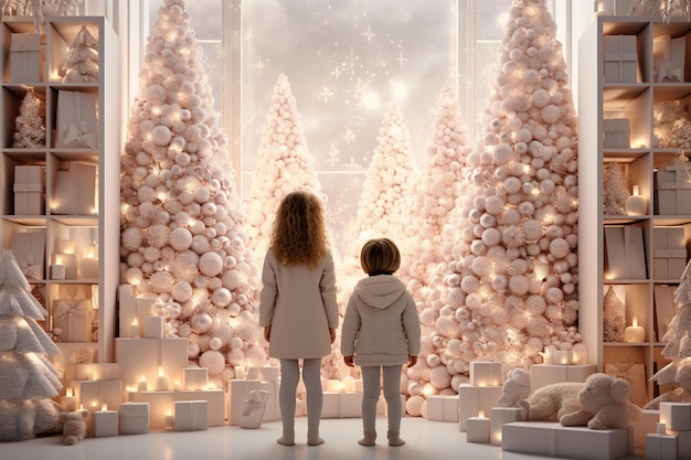 Children turned back standing in a illuminated monocolored white christmas decorated room