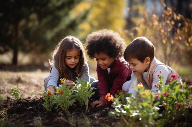 Children of various races plant plants together