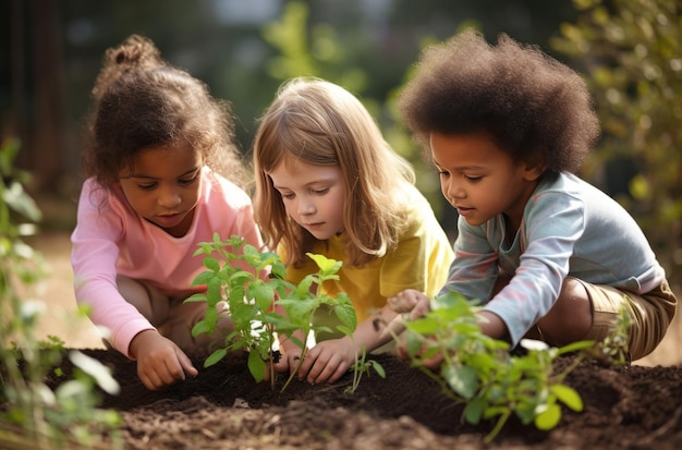 Children of various races plant plants together