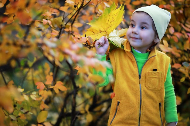 Children walk in the autumn park in the fall