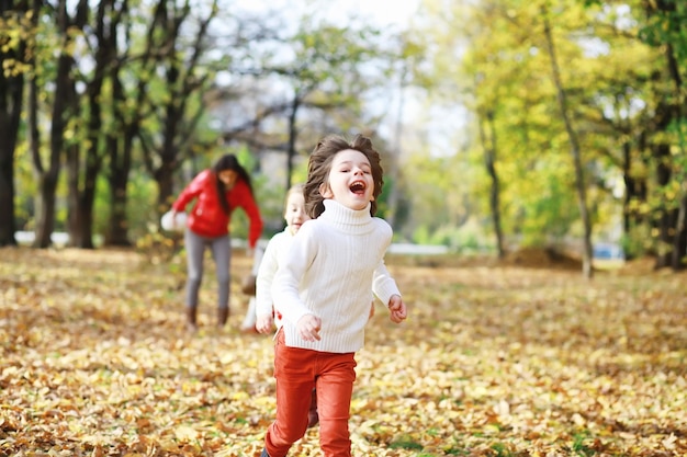 Children for a walk in the autumn park Leaf fall in the park Family Fall Happiness