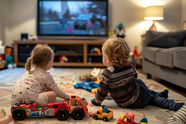 Photo children watching tv and playing with toys home entertainment and playtime in the living room