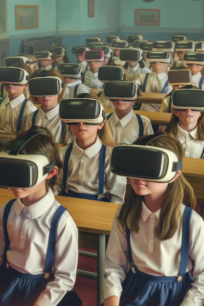 Children wear VR headsets in a calm blue classroom Students focus on teacher lesson Virtual