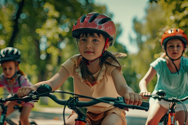 Photo children wearing helmets riding bicycles together in the park enjoying active leisure