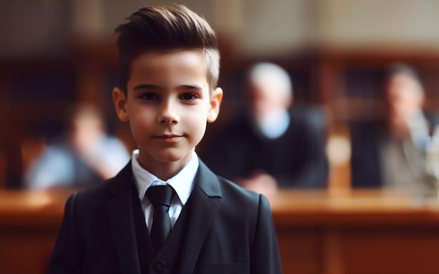 Children wearing lawyer and judge costumes The background of the trial room is blurred Future career