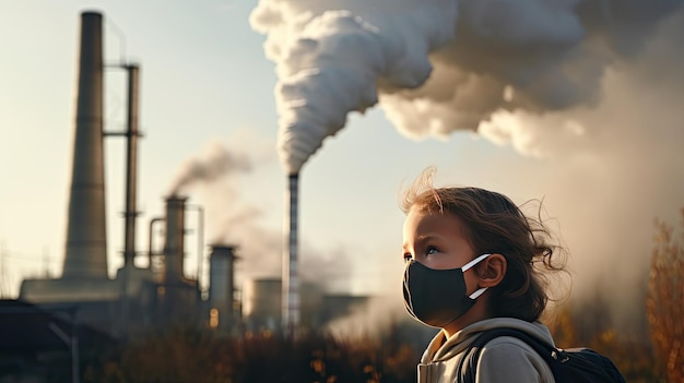 Children wearing masks to prevent air pollution Behind is the factory smokestack