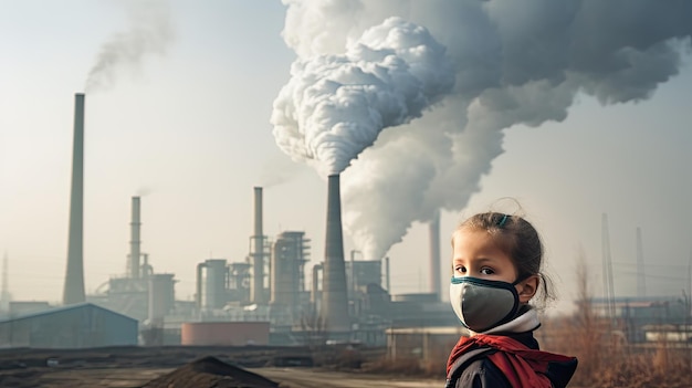 Children wearing masks to prevent air pollution Behind is the factory smokestack